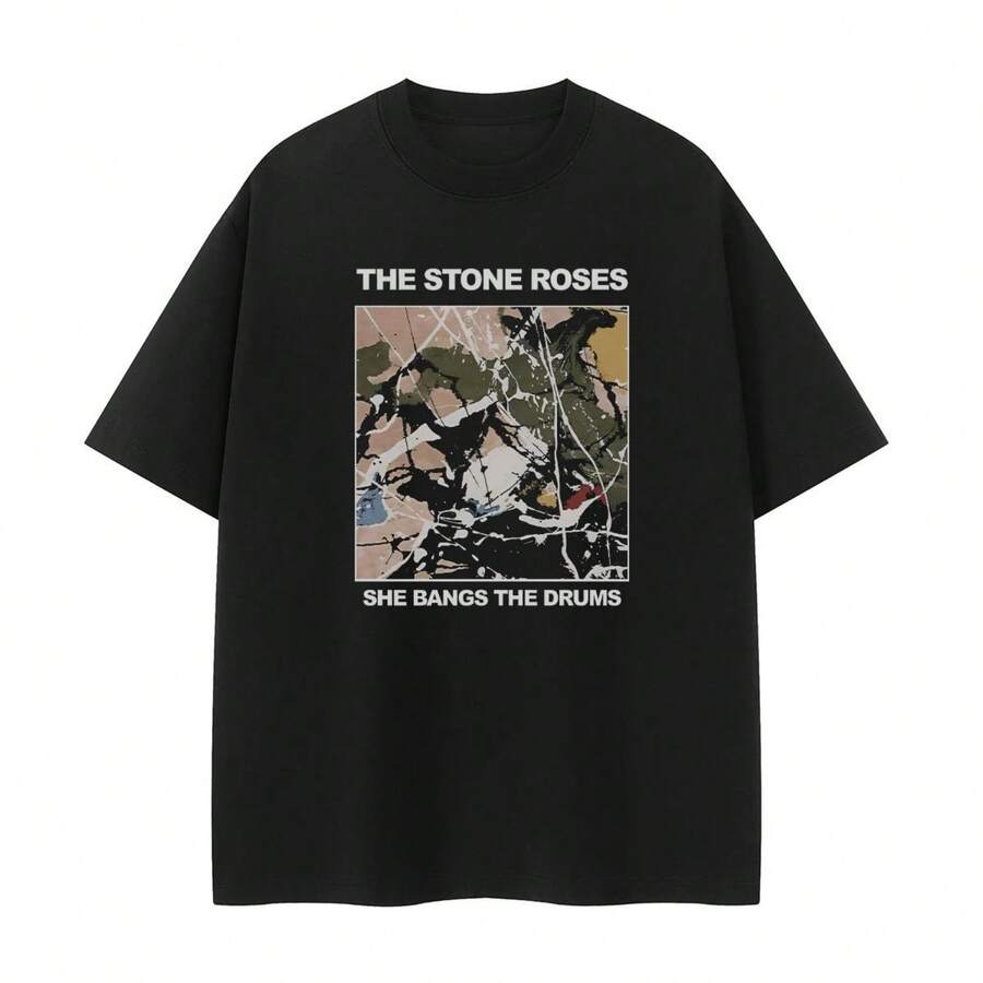Stone Rose A Retro American Street Art VTG Rock Short-Sleeved Casual SportsT-Shirt By The Stone Rose Band Showcases High-End Art - 黑色 - 查看 1