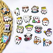 20pcs/Set Multicolor Tooth PVC Shoe Charms, Teeth Wearing Yellow Crown & Purple Wizard Hat, Dental Healthcare Cartoon Pattern Shoe Decorations, Holiday Gift