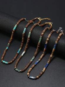 Bohemian Men Necklace Natural Coconut Bead Collar Emperador Stone Short Beach Accessories Gift For Him Wood Jewelry - Mint Green - View 4