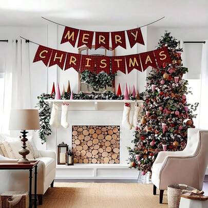 1 件圣诞快乐拉横幅 - 复古圣诞旗帜，用于壁炉装饰、圣诞树背景和节日派对造型悬挂装饰
