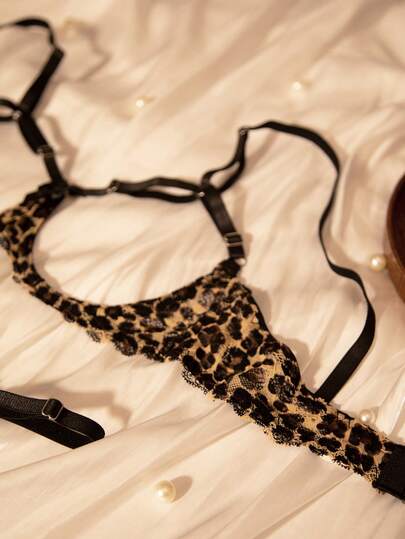 Leopard Print Kanten Patchwork Mesh Crotchless Panties Women Verleidelijke Lingerie Set view 5