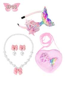 6Large Sequin Cape, Fish Tail Hair Accessory, Fish Tail Bag, Heart Bag, Faux Pearl Necklace, Bowknot Pendant, Mermaid Suit, Very Suitable Sending A Princess Gift Set To A Good Friend, Very Suitable For Dressing Up, Vacation, Daily Collocation, Easter, Halloween, Birthday Party, Christmas Gift, Party, Thanksgiving, Dress.