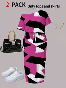 大码女式休闲两件套，几何印花 T 恤和迷你裙，夏季 - 玫紅色 - 查看 2