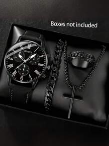 4件套男士黑色PU皮表带休闲商务罗马刻度石英表、手链、项链、戒指首饰套装，适合日常佩戴或作为父亲节礼物 - B - 查看 6