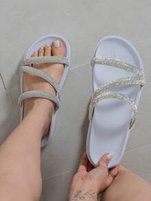Women's Flat Sandal  Rhinestone Straps Shiny Two In One Comfortable Adjuster - Bright White - View 1