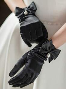 1 双蕾丝蝴蝶结新娘手套仿珍珠乳白色短款手指手套蕾丝立体刺绣优雅下午茶舞会礼服配饰照片道具情人节情人