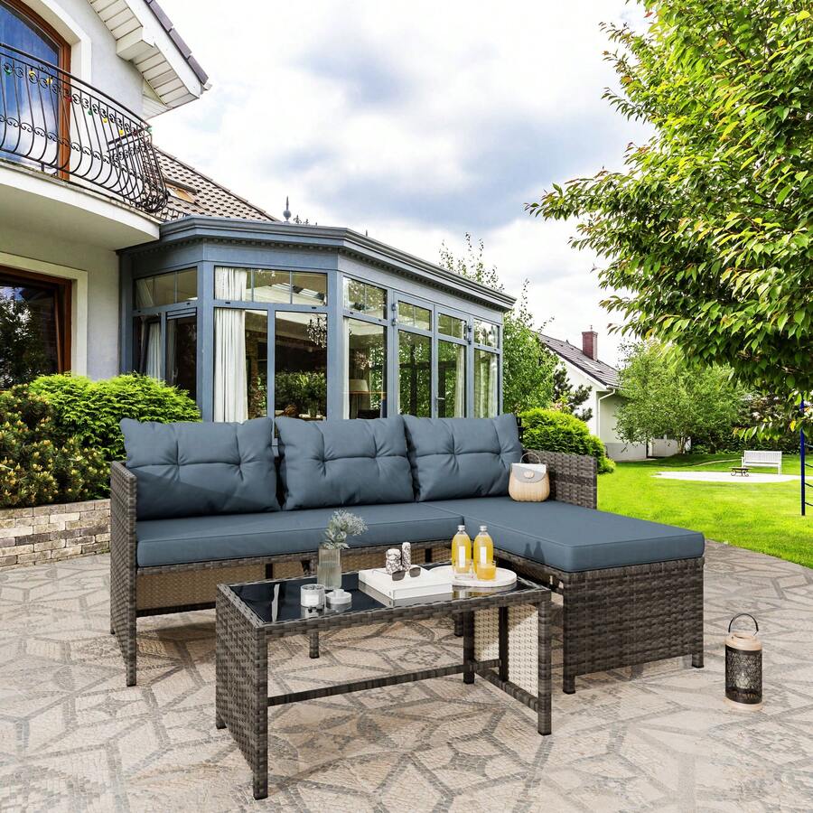 Vongrasig 3 Piece Patio Furniture Sets, All-Weather PE Wicker Outdoor Sofa Couch Sectional Set, Small Conversation Set For Garden/Patio W/Cushion, Glass Table - 淺藍色 - 查看 1