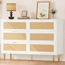 Huisuilinss Rattan Dresser For Bedroom With 6 Drawers,Wide Modern Chest Of Drawers With Metal Handle,Wooden Dresser TV Stand,Wood Closet Clothes Storage Organizer For Living Room,Hallway - 白色 - 查看 1