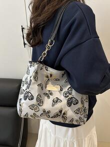 Fashionable Striped Handbag - Women's Large Capacity Shoulder Bag - Zipper Tote Bag For Daily Use - Metal Chain Tote Bag, Waterproof Nylon Material With Colorful Butterfly Pattern, Suitable For Back To School Students - Black - View 3