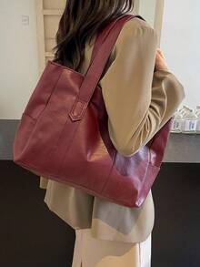 潮流跨境手提包，男女通用，时尚，PU材质，纯色，简约，多功能肩包/腋下包/手提包，适合日常休闲、通勤、购物、旅行及各种场合。 - 酒紅色 - 查看 5