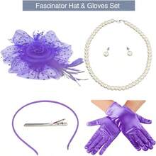 Ibeauti Fascinator Hats With Screentouch Lace Gloves Set Women Tea Party Cocktail Wedding Derby Headwear Short Gloves - 02 紫色 - 查看 3