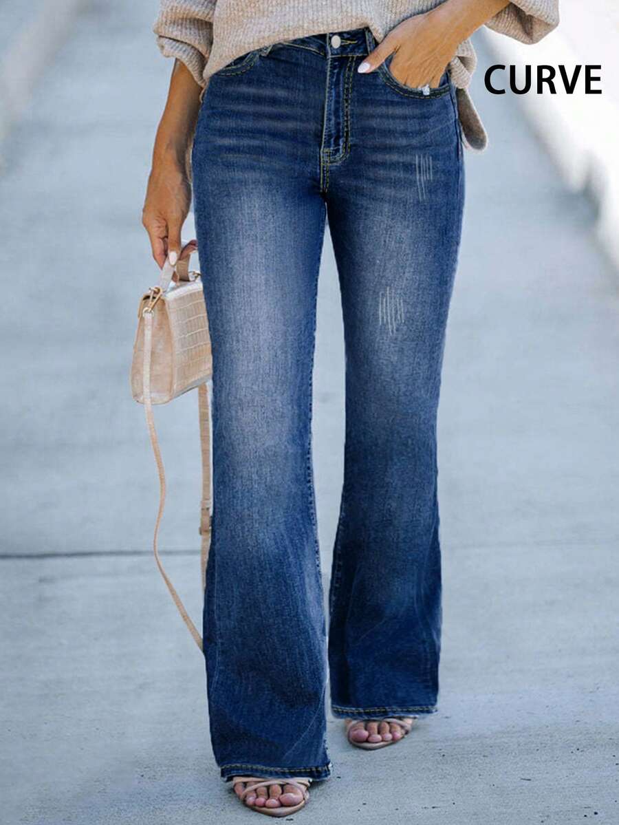 Plus Size Women's Basic Simple Skinny Flare Leg Jeans - Dark Wash - View 1