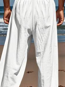 Men's Casual Straight Leg Pants, Lightweight Fabric, Elastic Drawstring Waist, Regular Fit, Fall - White - View 5
