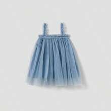 PatPat Family Matching Button Tee And Shirred Spliced Tiered Mesh A-Line Dress - Màu xanh khói trung bình - Xem 5