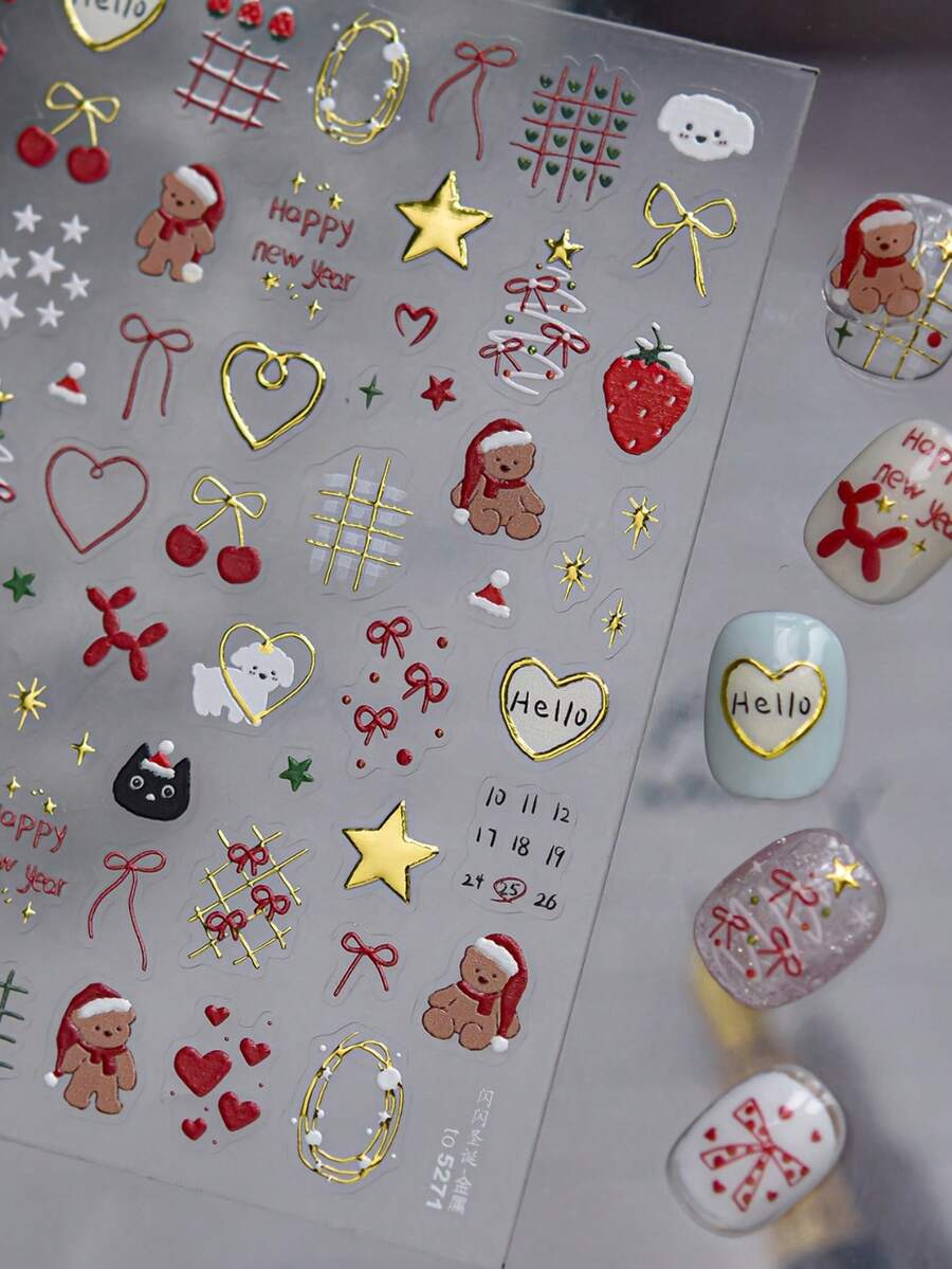 1张5D美甲贴纸，圣诞美甲贴纸，5D浮雕闪亮金色圣诞树美甲贴纸，驯鹿花环雪花美甲贴纸，女士及女孩冬季节日美甲DIY用品 - 彩色 - 查看 1