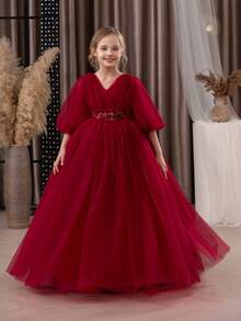 Tween Girl Burgundy Lace Embroidered Bow Mesh Elegant Party Princess Dress, Suitable For Girls' Birthday Party, Banquet, Formal Occasion, Prom, Wedding, Flower Girl