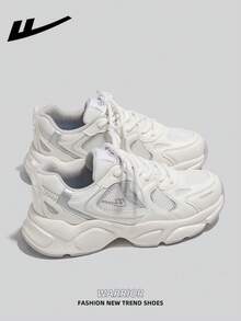 1 双 WARRIOR 女式海军蓝厚底厚底运动鞋，系带软底休闲鞋，低帮户外平底鞋，夏季一脚蹬通勤鞋，圆头低跟防滑纯色优雅徒步适合学生毕业照平底鞋，女式低帮皮革运动滑板鞋 - WBN(JS)-0578白銀色 - 查看 4