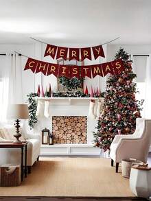1pc Merry Christmas Pull Banner - Retro Xmas Flag For Fireplace Decor, Tree Backdrop & Holiday Party Styling Hanging Decoration - Multicolor - View 1