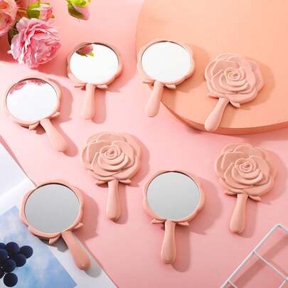 5 طقم مرآة يدوية، مرآة بنقشة وردية زهرية، مرآة مكياج يدوية عالية الدقة، مرآة زخرفية محمولة، مناسبة للمكياج والسفر