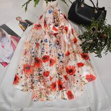 100% Mulberry Silk Scarf For Women Lightweight Long Scarves Beach Wraps Cover Up -Travel Photography Scarfhalloween - 紅色花卉 - 查看 9