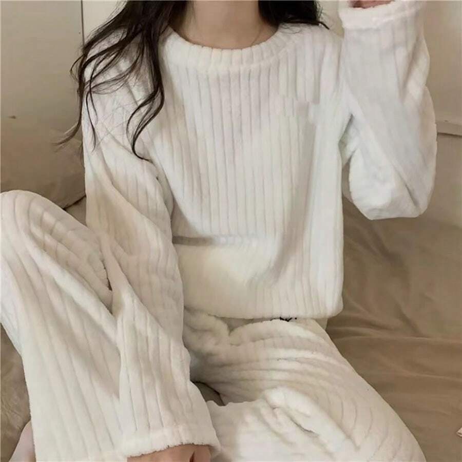 Conjunto de pijama para mujer, 2 piezas, cálidas, mullidas, de vellón, de gran tamaño, suave - Blanco - Ver 1