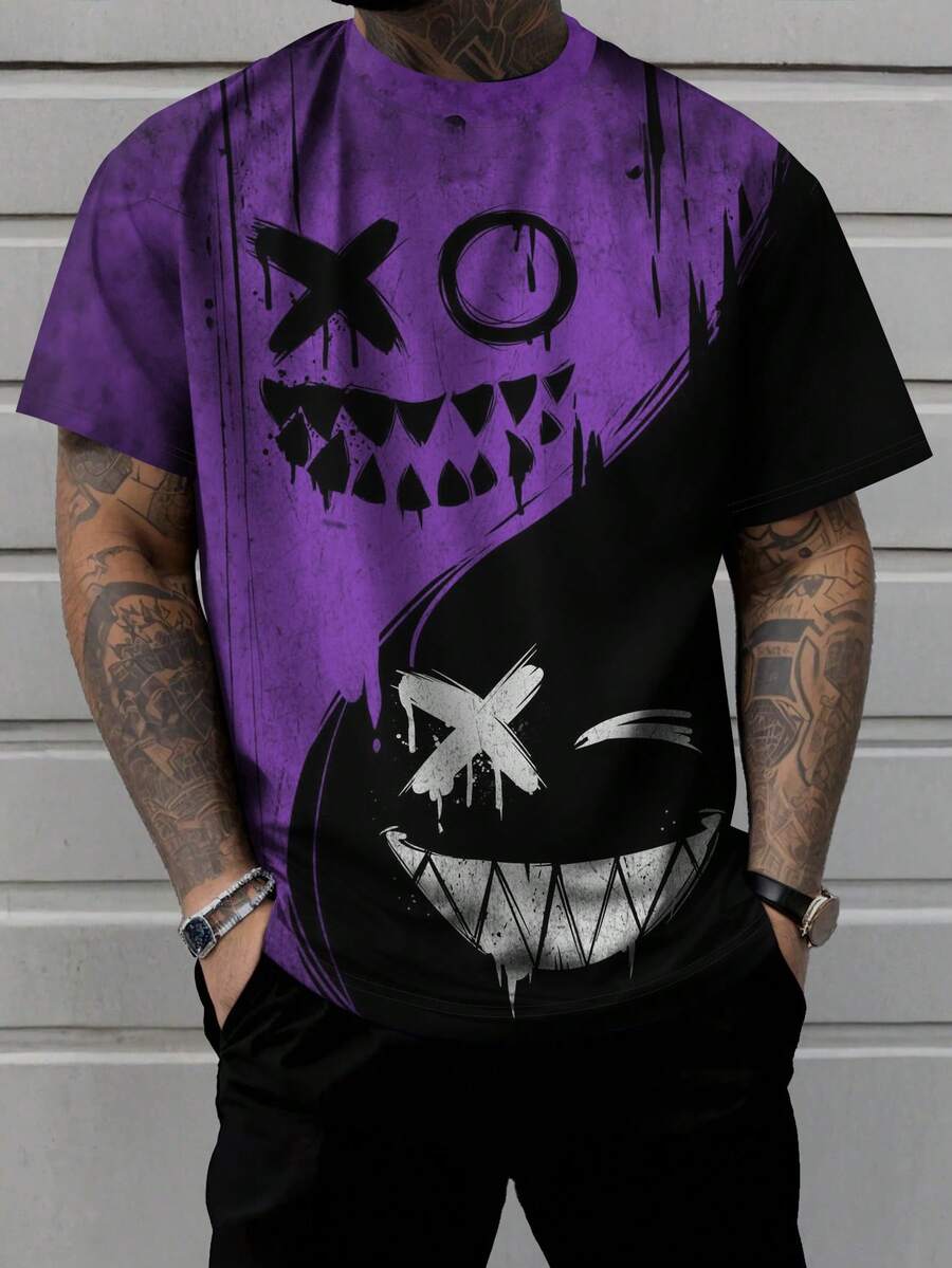 Men's Gothic Face Print Round Neck Short Sleeve Casual T-Shirt, Summer - Purple - View 1