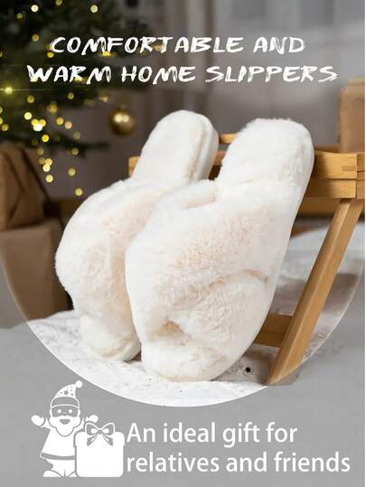 Women's Fluffy Criss-Cross Open Toe Slippers, White Slip-On Slippers Suitable For Home, Dorm, Yard Wear, Fashionable And Breathable