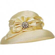 Church Hats For Women Derby Hats 1950s 20s With Rhinestone Wide Brim - 黃色 - 查看 2