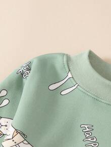 Girls' Thick Fleece Cartoon Rabbit Print Pajama Set, Long Sleeve Top And Pants, Warm Sleepwear For Autumn/Winter - Mint Green - View 4
