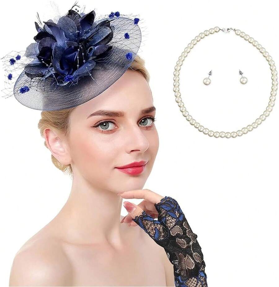 Ibeauti Fascinator Hats With Screentouch Lace Gloves Set Women Tea Party Cocktail Wedding Derby Headwear Short Gloves - Blue-lace Gloves - 查看 1