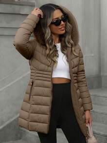 Giolshon Women's Casual Hooded Jacket With Pockets, Lightweight Down Jacket, Suitable For Daily Wear - Brown - View 2