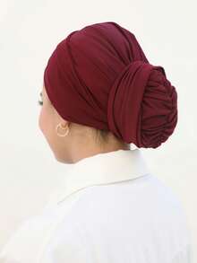 1件装女士经典纯色优雅单层即戴式垂褶头巾，时尚优雅长款垂褶头巾，防滑透气柔软莫代尔针织面料，适合日常瑜伽、运动、户外穿着。