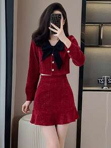 RUIWY 女士时尚淑女蝴蝶结领长袖夹克和迷你裙两件套服装，红色，节日派对 - 紅色 - 查看 1