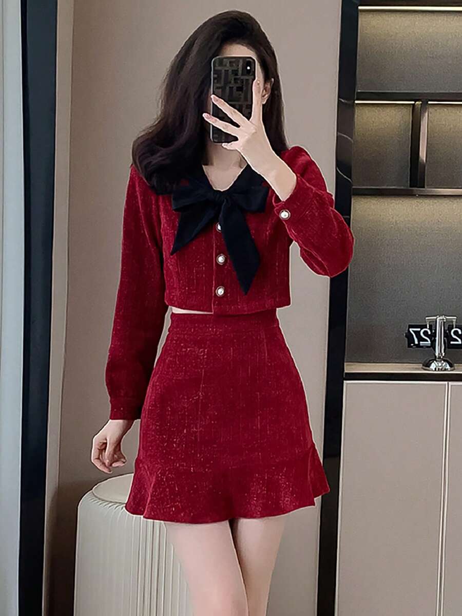 RUIWY 女士时尚淑女蝴蝶结领长袖夹克和迷你裙两件套服装,红色,节日派对 - 紅色 - 查看 1
