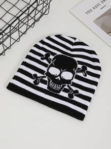 1pc Women's Jacquard Striped Skull Pattern Knit Beanie Hat, Warm & Casual For Halloween Party