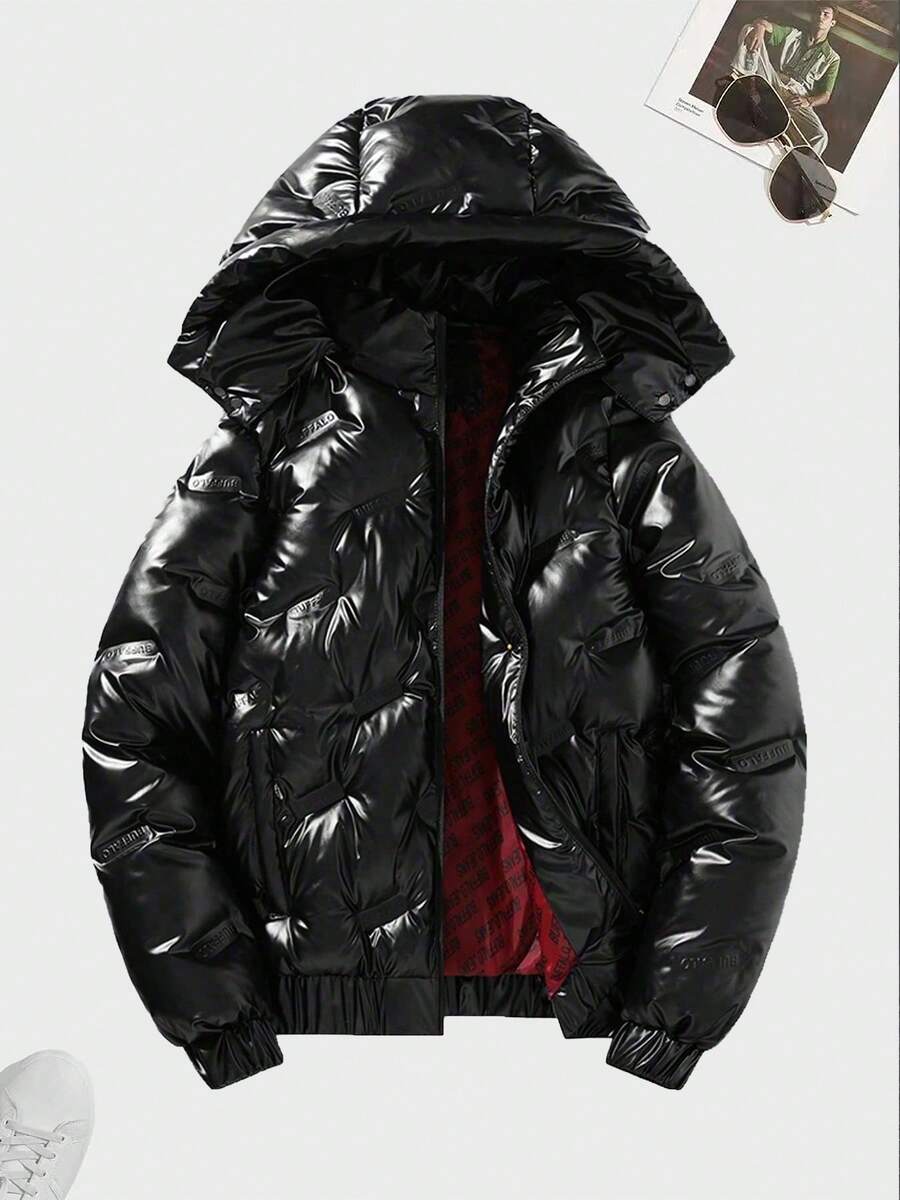 2025 Men's Glossy Stand Collar Windproof Long Sleeve Detachable Hood Solid Color Casual Padded Coat, Warm For Autumn/Winter