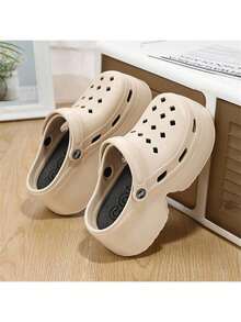 女士厚底穿孔一脚蹬凉鞋，2025 年夏季新品，EVA 沙滩鞋，厚底，防滑，包头，可两穿人字拖 - 卡其色 - 查看 14