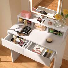 OYAJIA White Modern LED Vanity Table With LED Dimmable Mirror | Large Rectangular Mirror Dressing Table With Soft Lighting, 2 Spacious Drawers & 3 Open Compartments | UK Home Decor, Makeup Organizer, Bedroom Furniture - White - View 8