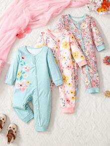 3pcs/Set Infant & Baby Girl Comfortable Cute Printed Crew Neck Long Sleeve Jumpsuit Set, Spring/Autumn - Multicolor - View 1