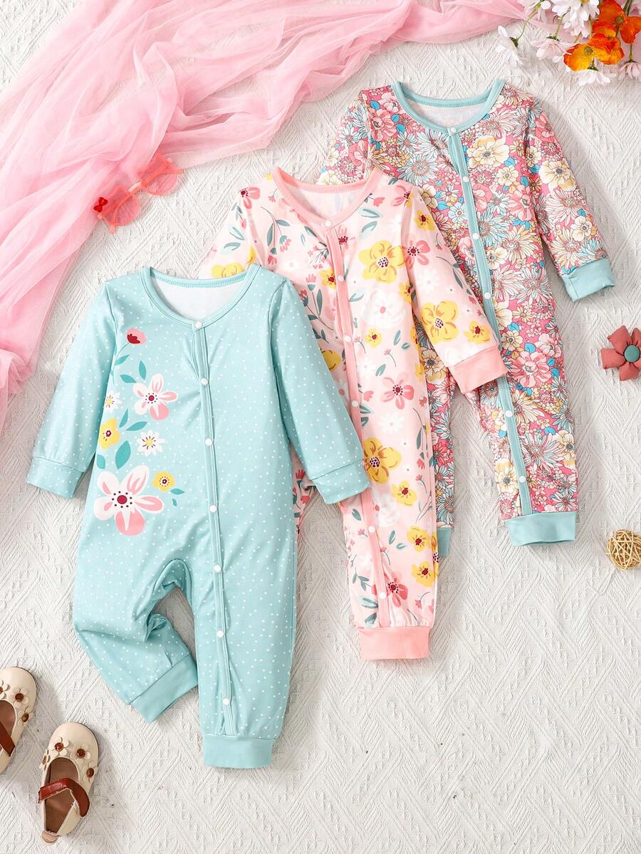 3pcs/Set Infant & Baby Girl Comfortable Cute Printed Crew Neck Long Sleeve Jumpsuit Set, Spring/Autumn - Multicolor - View 1