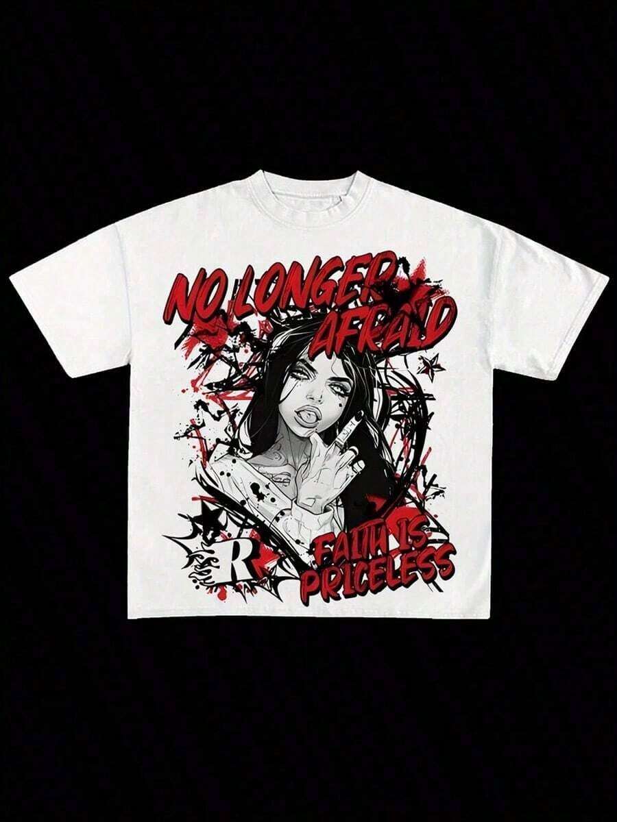 180g Cotton Unisex Streetwear T-Shirt - Red & Black Graffiti Graphic Print, Regular Fit Round Neck Casual Summer Tee For Men & Women, Breathable Fabric, Comfortable Fitgraphic Tee,Men's Summer Clothes,Streetwear Men,Back To School,Men's Vacation Clothes,Men Graphic Tees,A Great Gift,Y2K - Blanco - Ver 1