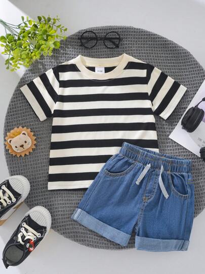 Baby BoyStriped Crew Neck T-Shirt And Distressed Denim Shorts Set