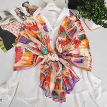 100% Mulberry Silk Scarf For Women Lightweight Long Scarves Beach Wraps Cover Up -Travel Photography Scarfhalloween - 米色橙貓 - 查看 7