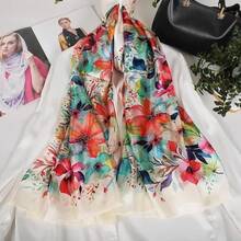 100% Mulberry Silk Scarf For Women Lightweight Long Scarves Beach Wraps Cover Up -Travel Photography Scarfhalloween - 橘色 粉紅色 藍色 花 - 查看 5