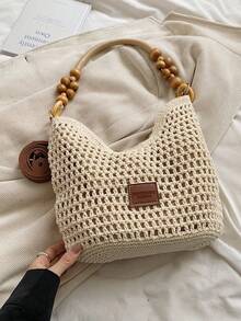 Elegant Vacation Style Bead Crochet Bag &Shoulder Bag& Hollowed Out Tote Bag For Women ,Wooden Handle Woven Handbag, Perfectly Matching With Crochet Set, Vacation Essentials, Perfectly Matching With Beach Accessories Women, Beach Necessities,Beach Essentials,Beach Stuff & Summer Essentials, Hottest Beach Bags - Beige - View 4