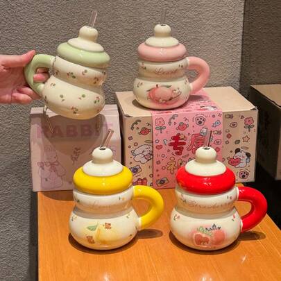 1 كوب قش بتصميم فاكهة جميل، كوب سيراميك للزوجين مع غطاء، كوب قهوة للمكتب، هدية عيد ميلاد