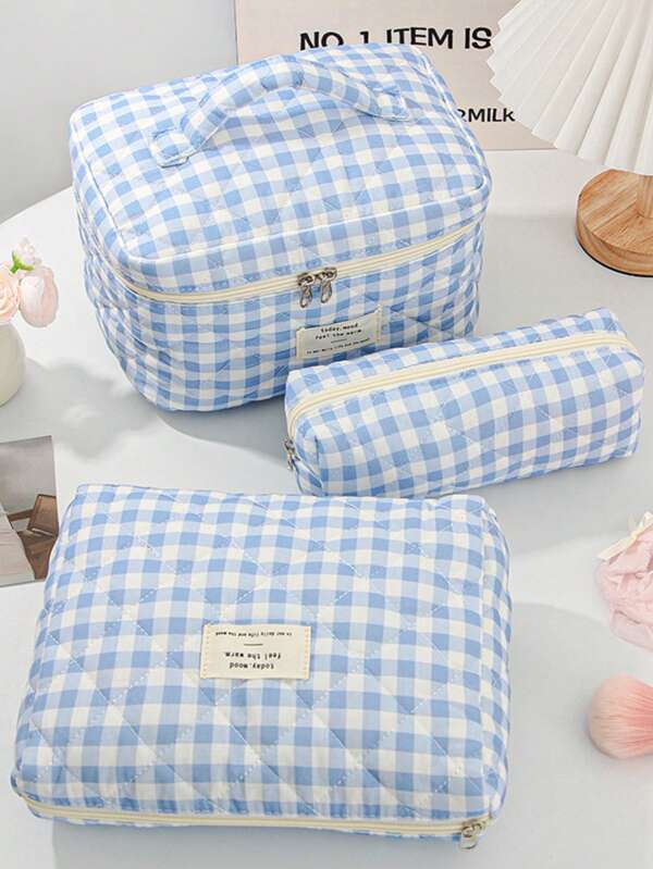 1 bucată de set de geantă cosmetică în carouri albastră și albă, geantă de depozitare pentru pensule de machiaj roz deschis drăguță, geantă de depozitare pentru cosmetice, geantă de depozitare pentru machiaj colorat, geantă cosmetică de călătorie multifuncțională, set portofel și creion, un element indispensabil pentru fetele în vacanță, o geantă cu fermoar de mare capacitate, un element indispensabil pentru accesoriile femeilor în primăvară, o geantă de depozitare zilnică pentru călătorii, esențiale universitare de toamnă, geantă de călătorie esențială pentru vacanță pentru femei, geantă de machiaj, organizator de machiaj