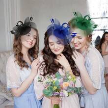 Ibeauti Fascinator Hats With Screentouch Lace Gloves Set Women Tea Party Cocktail Wedding Derby Headwear Short Gloves - 07 Blue - 查看 6