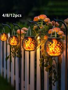 4/8/12pcs Outdoor Solar Lanterns, Namely Solar Flame Hanging Lamps/Solar Chandeliers With Outdoor Flickering Flames, Serve As Outdoor Solar Lights For Decorating Gardens, Courtyards, Terraces, And Trees, As Well As For Camping And Festival Decorations.