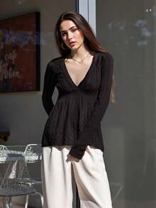 Women Cable Knit Sweater Solid V Neck Long Sleeve A-Line Pullover Tops Casual Winter Fall Clothes - màu nâu - Xem 9